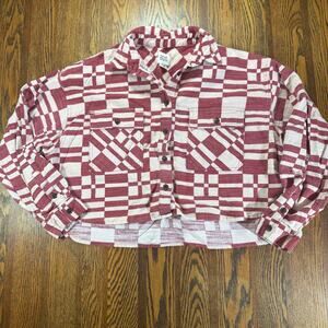 BDG UO Caleb Cropped Flannel Plaid Shacket Patchwork Boxy Red Size Small P